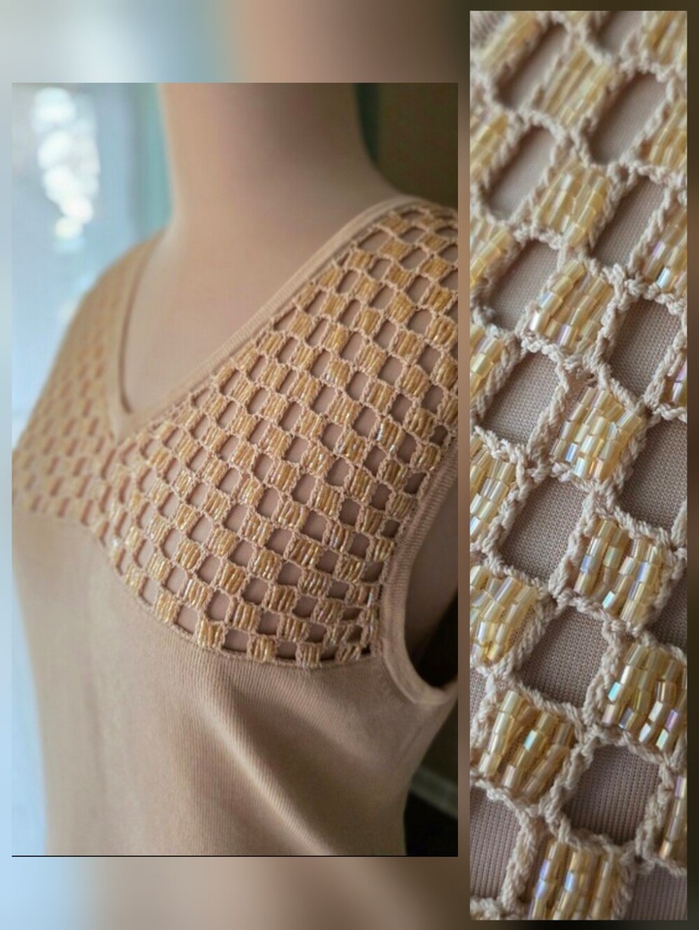 Y2K Iridescent Beaded Openwork Rayon Knit V Neck Tank Top Ziani Couture L